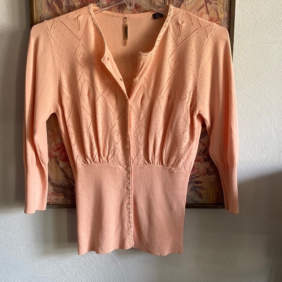 ABS STRETCH BODYCON CARDIGAN SWEATER PEACH BODYCON BEADED EMBELLISHED TOP M - Picture 12 of 12